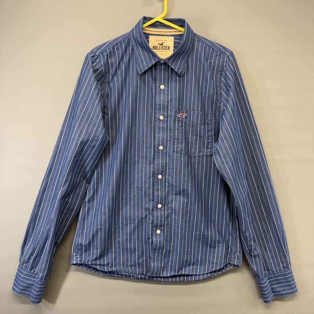 Hollister Shirt Mens XL Blue Striped Chambray Button-Up Long Sleeve Lightweight